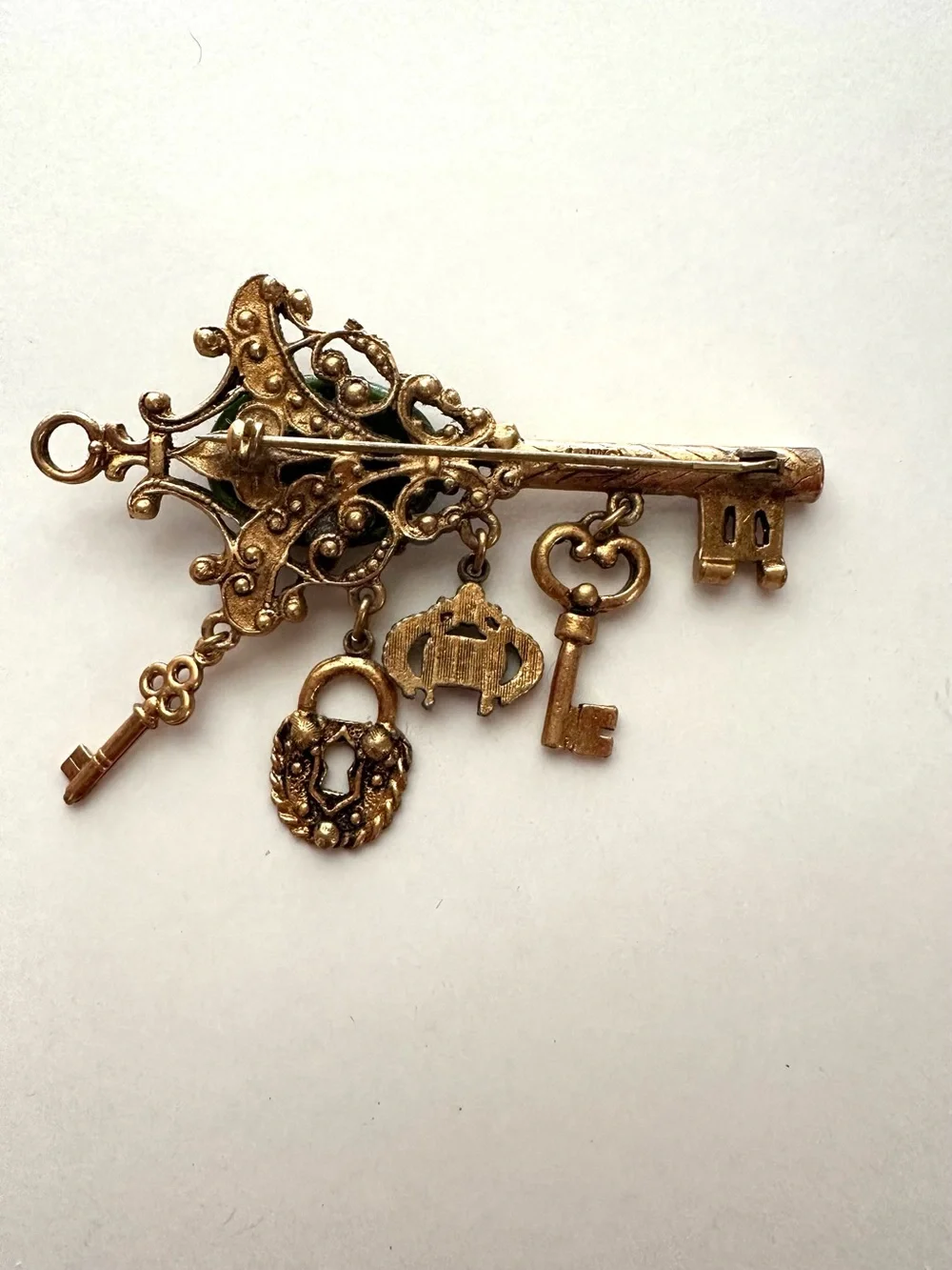Vintage Lum Gold Key Brooch with Green Enamel Accent